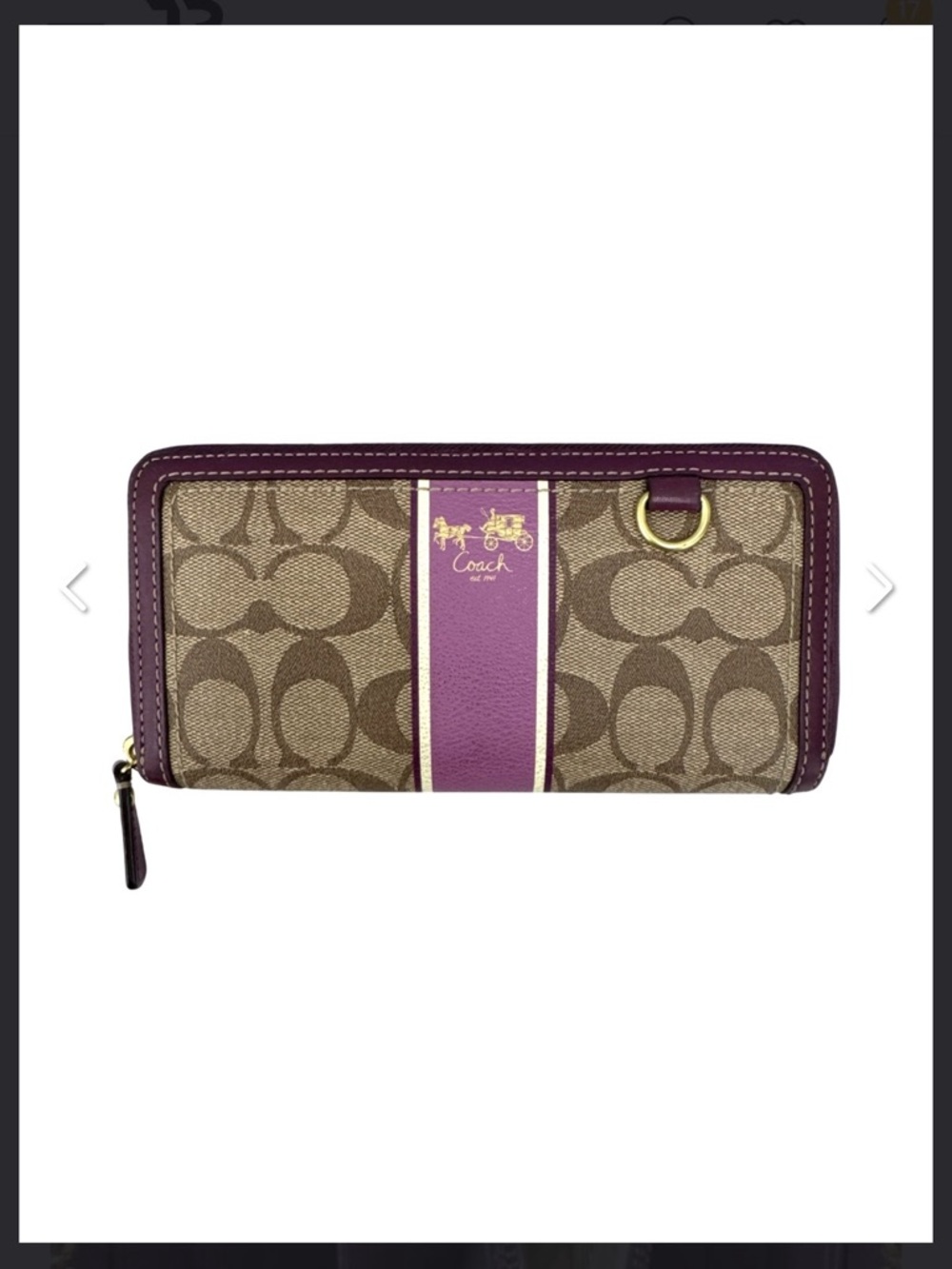 Coach Brown Signature Canvas Zip Wallet with Purple Trim